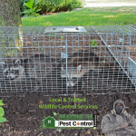 two wild raccoons caught in trap set by Maximum Pest Control Services