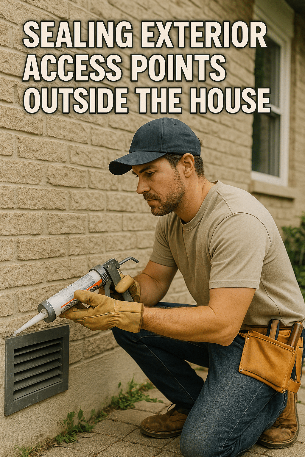 Handyman sealing the entry points Outside