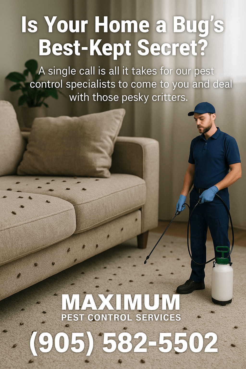 Exterminator in a blue uniform holding a sprayer tank representing Maximum pest control services