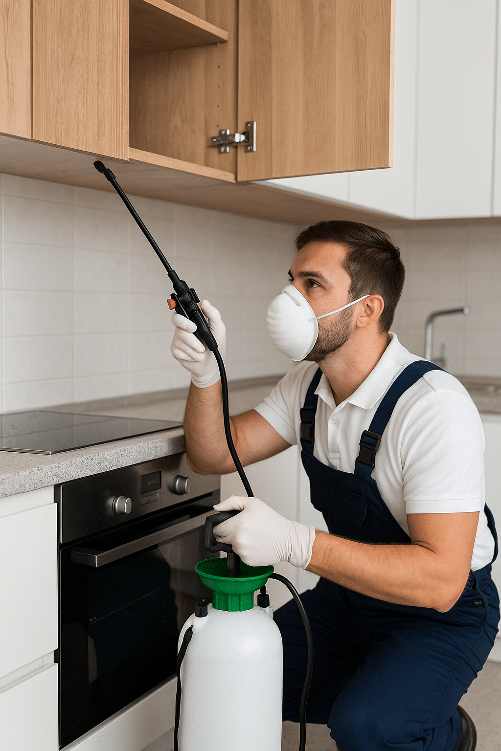 exterminator spraying kitchen cabinet for cockroaches