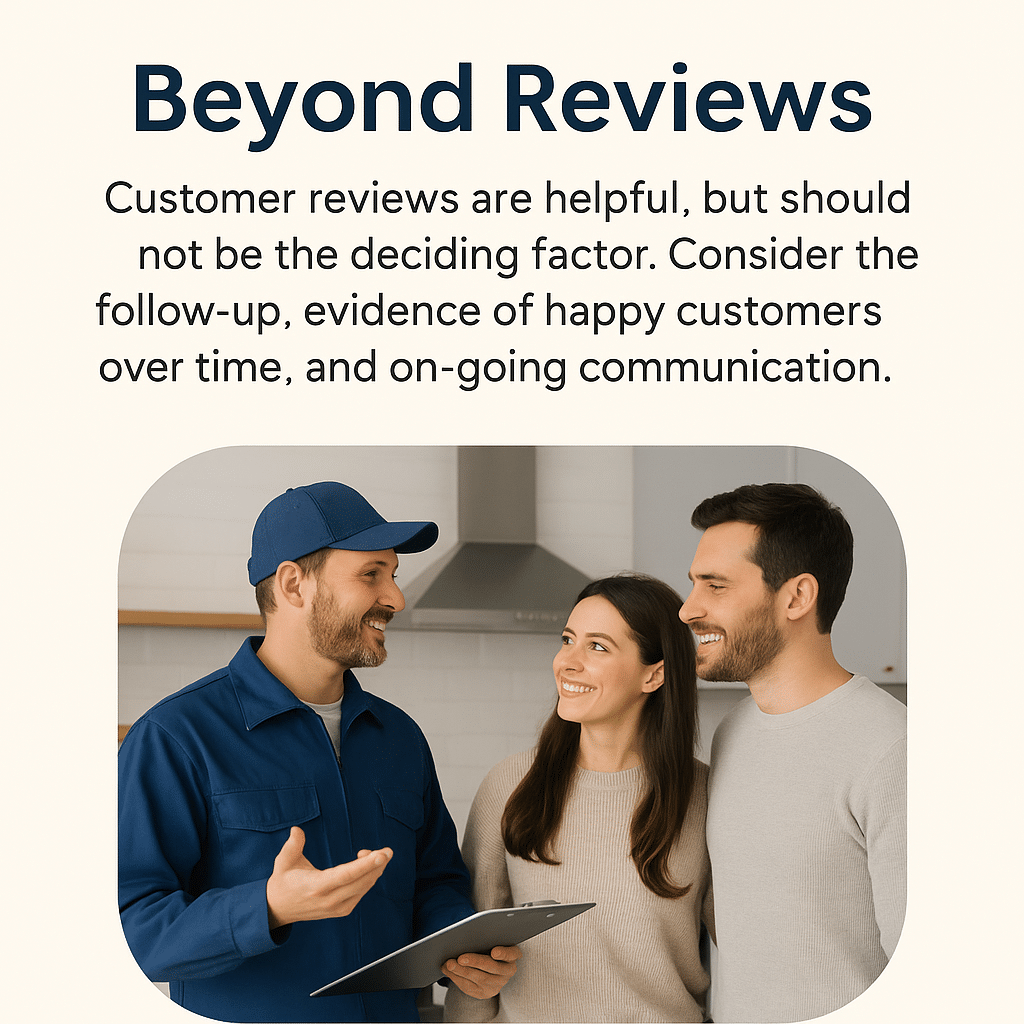 Pest control technician discussing service with a happy couple in their kitchen, emphasizing customer satisfaction, follow-up, and ongoing communication beyond online reviews