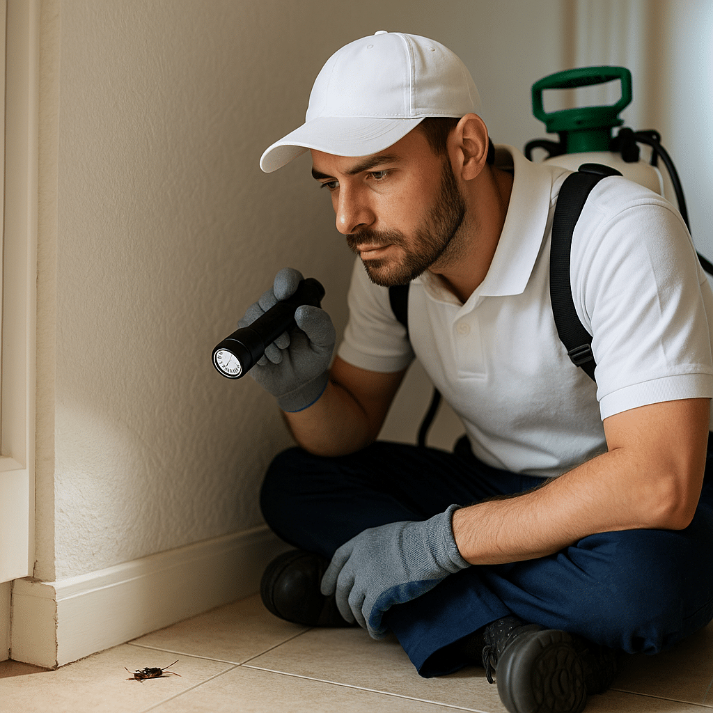 Pest control technician inspecting baseboard for cockroaches