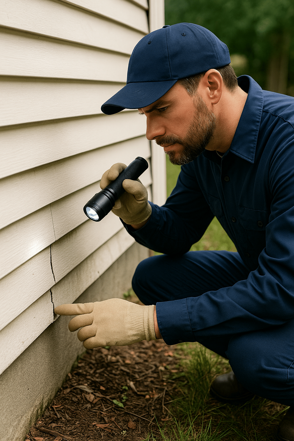 Technician examining foundation crack for pest entry points
